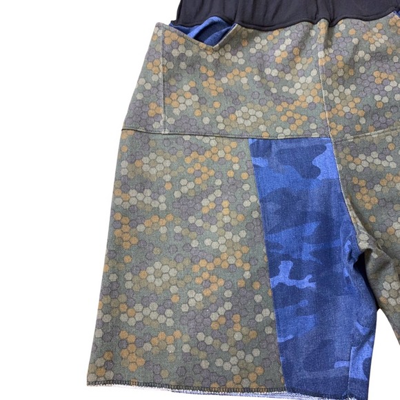 1 of 1 Custom Denim Shorts, Honeycomb print, Blue Camo shorts elastic waistband - Picture 2 of 7